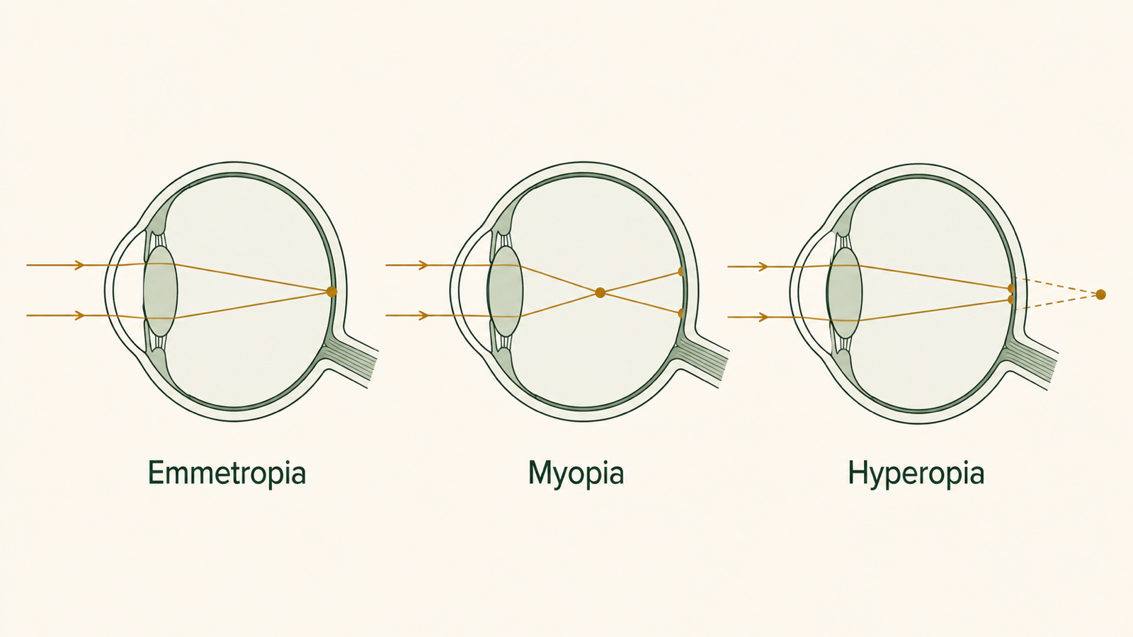 Light focuses on the retina in emmetropia, before the retina in myopia and behind the retina in hyperopia.