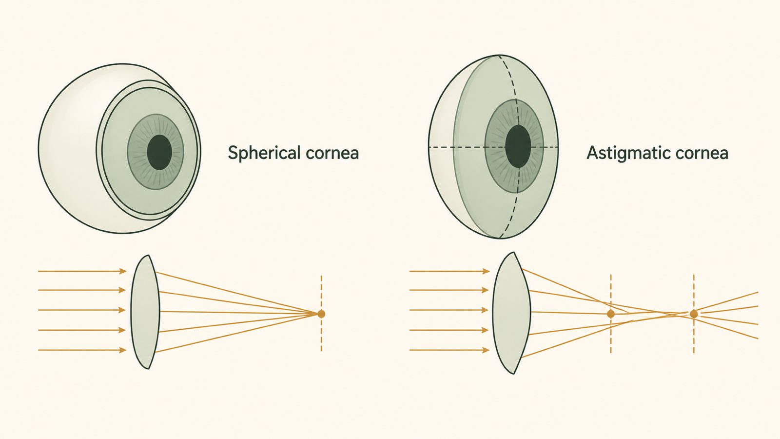 A spherical cornea creates one focus, while an astigmatic cornea produces two separated focal planes.
