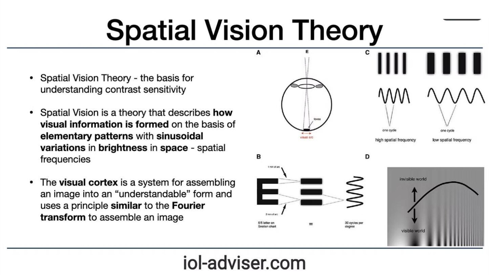 Diagram of Spatial Vision Theory showing how the eye samples an image at different spatial frequencies and how a Snellen letter decomposes into sinusoidal wave patterns.