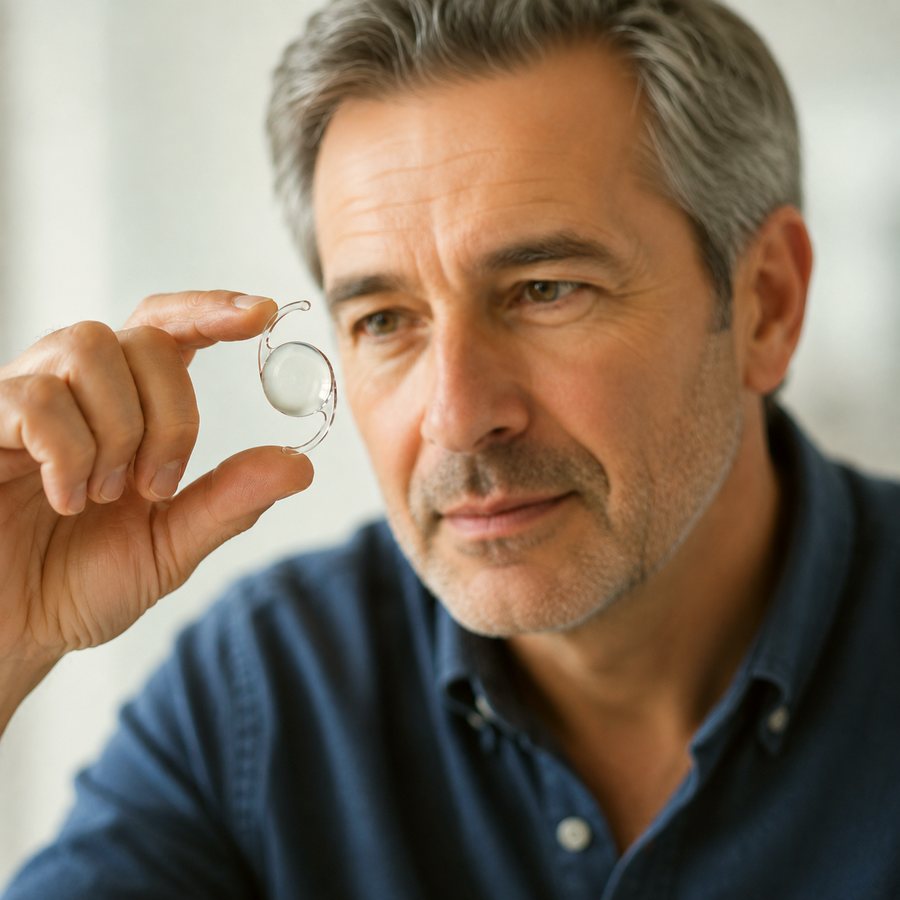 A patient carefully examining an intraocular lens before cataract surgery