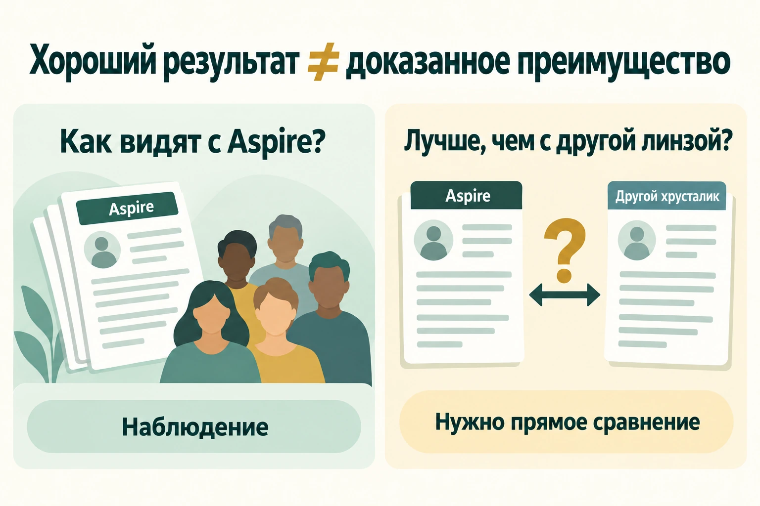 Наблюдение за результатами Aspire и прямое сравнение с другой линзой отвечают на разные вопросы.