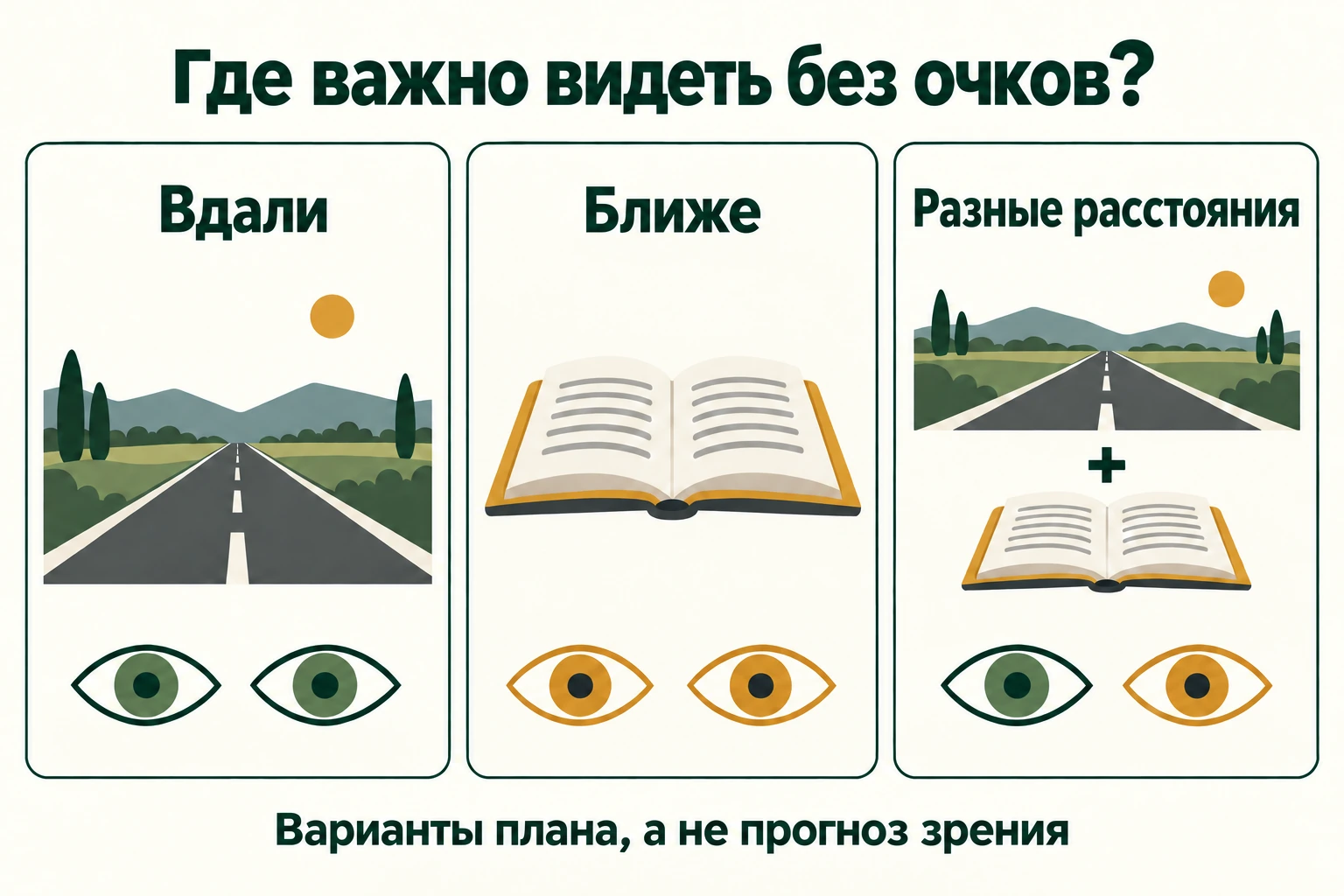 Три плана с монофокальными линзами: оба глаза для дали, оба для близкой дистанции или разные цели для двух глаз.