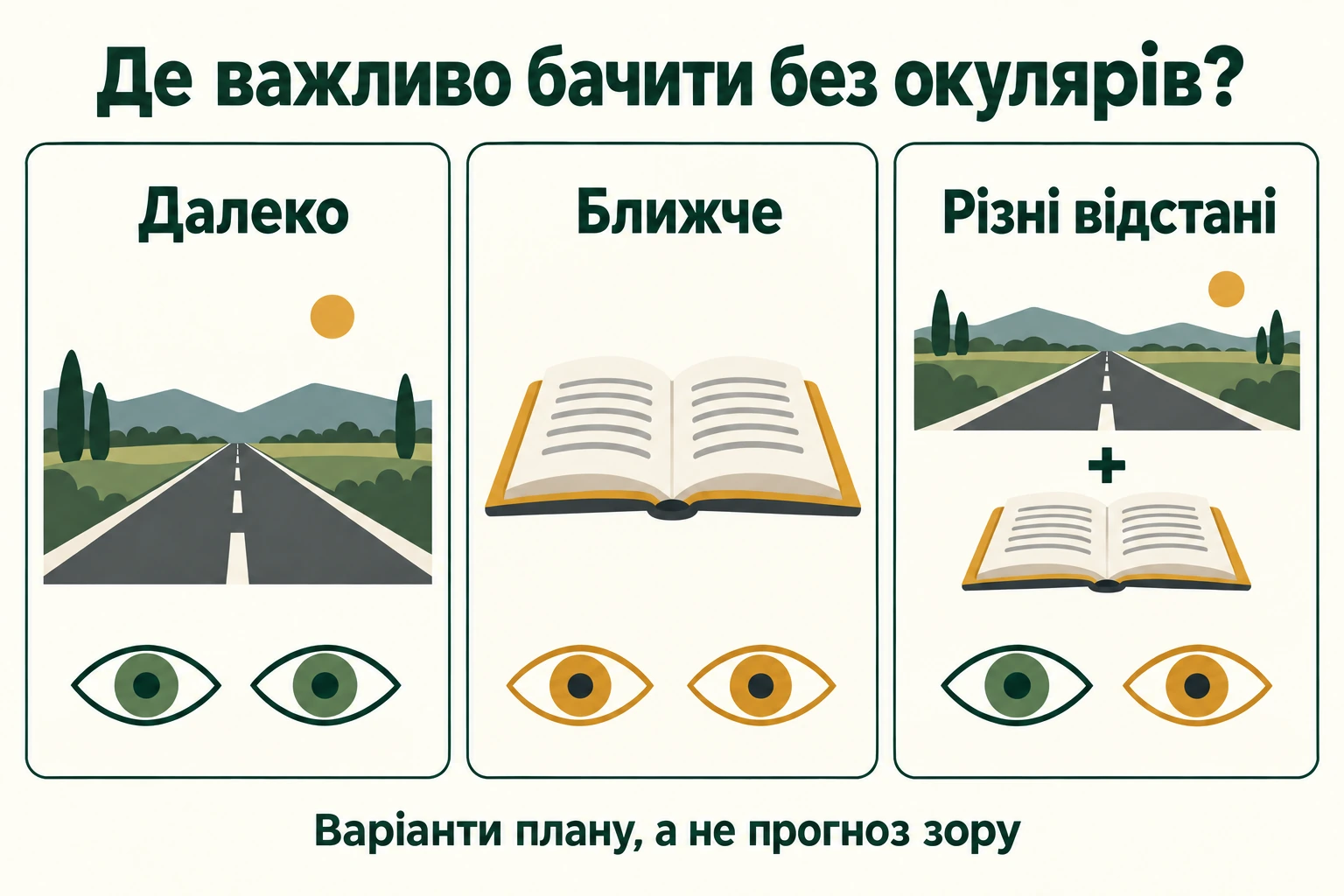 Три спрощені варіанти плану зору: обидва ока для далечіні, обидва для ближчої відстані або різні відстані для двох очей.