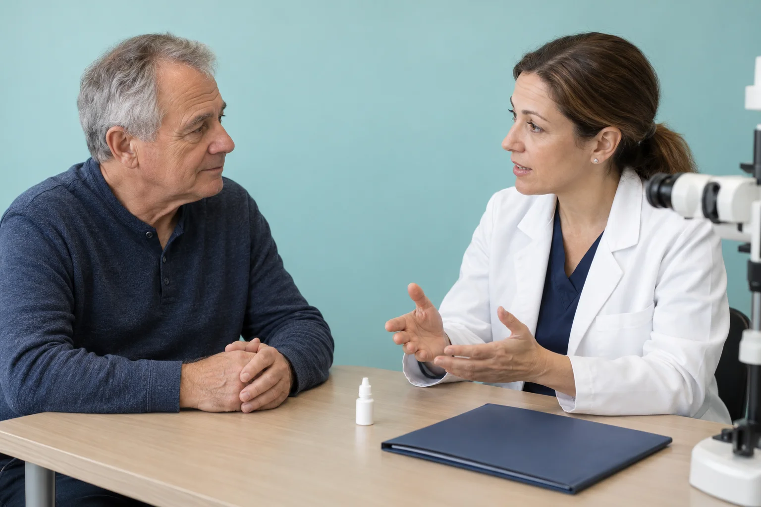 Generated illustration of a glaucoma patient discussing treatment with an eye doctor