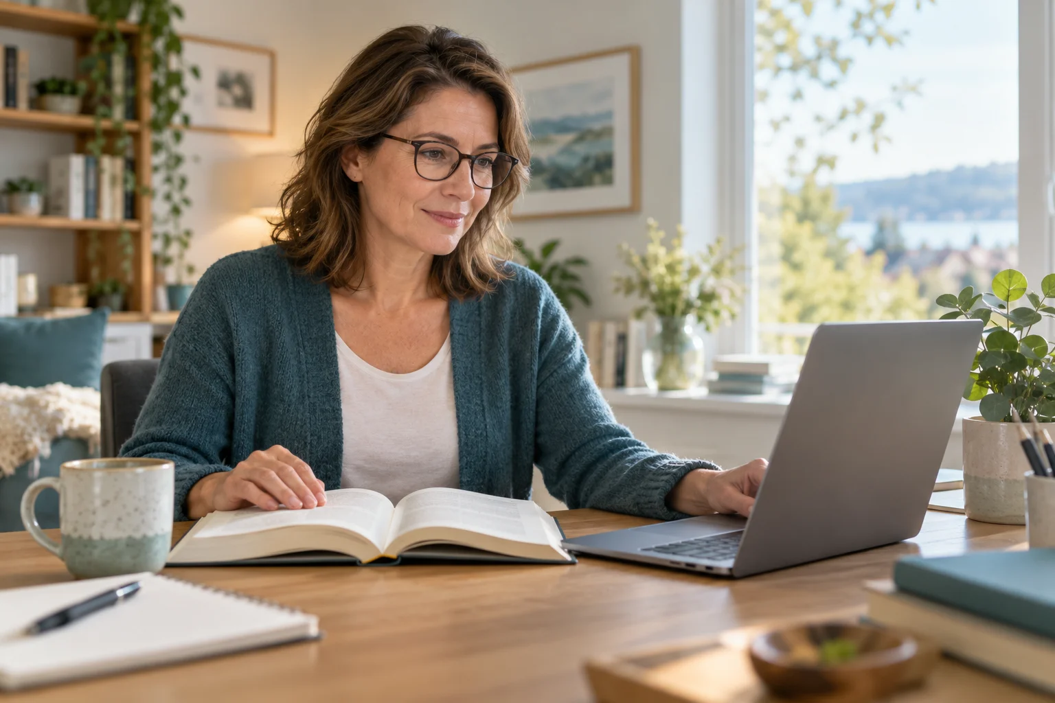 Generated illustration of a woman using spectacles with a book and laptop at a desk