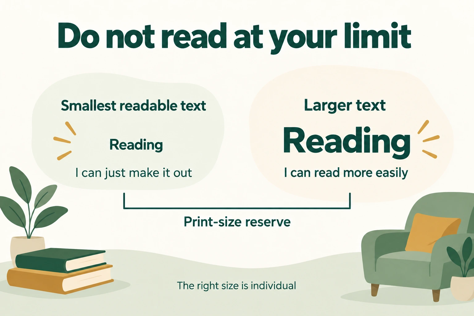 The smallest distinguishable text and a larger reading size illustrate acuity reserve.