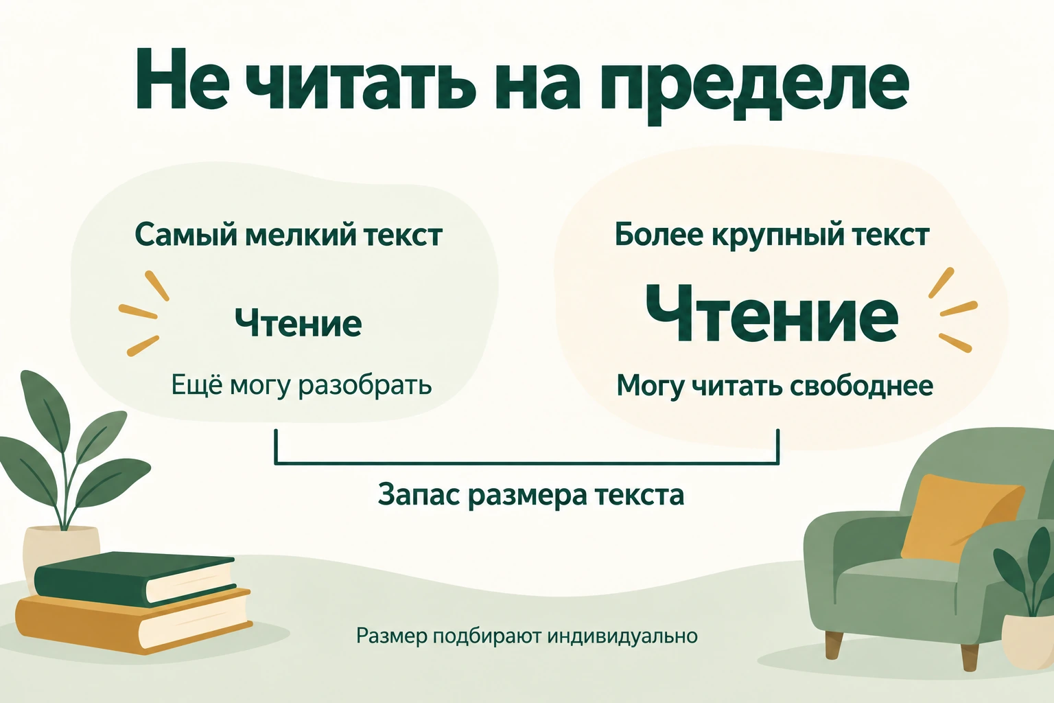 Самый мелкий различимый текст и более крупный размер для чтения объясняют acuity reserve.