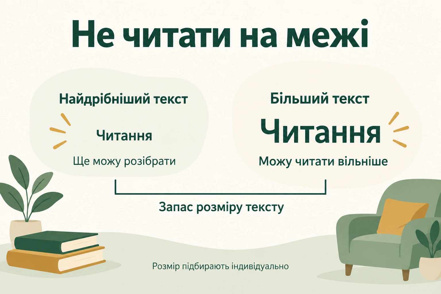 Порівняння найдрібнішого розбірливого тексту і більшого розміру для читання пояснює acuity reserve.