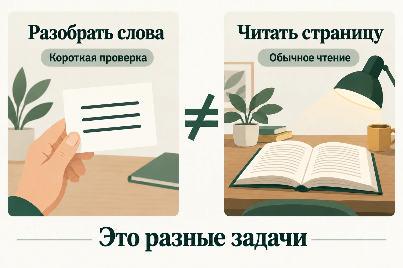 Короткая проверка чтения и чтение книги — разные задачи.