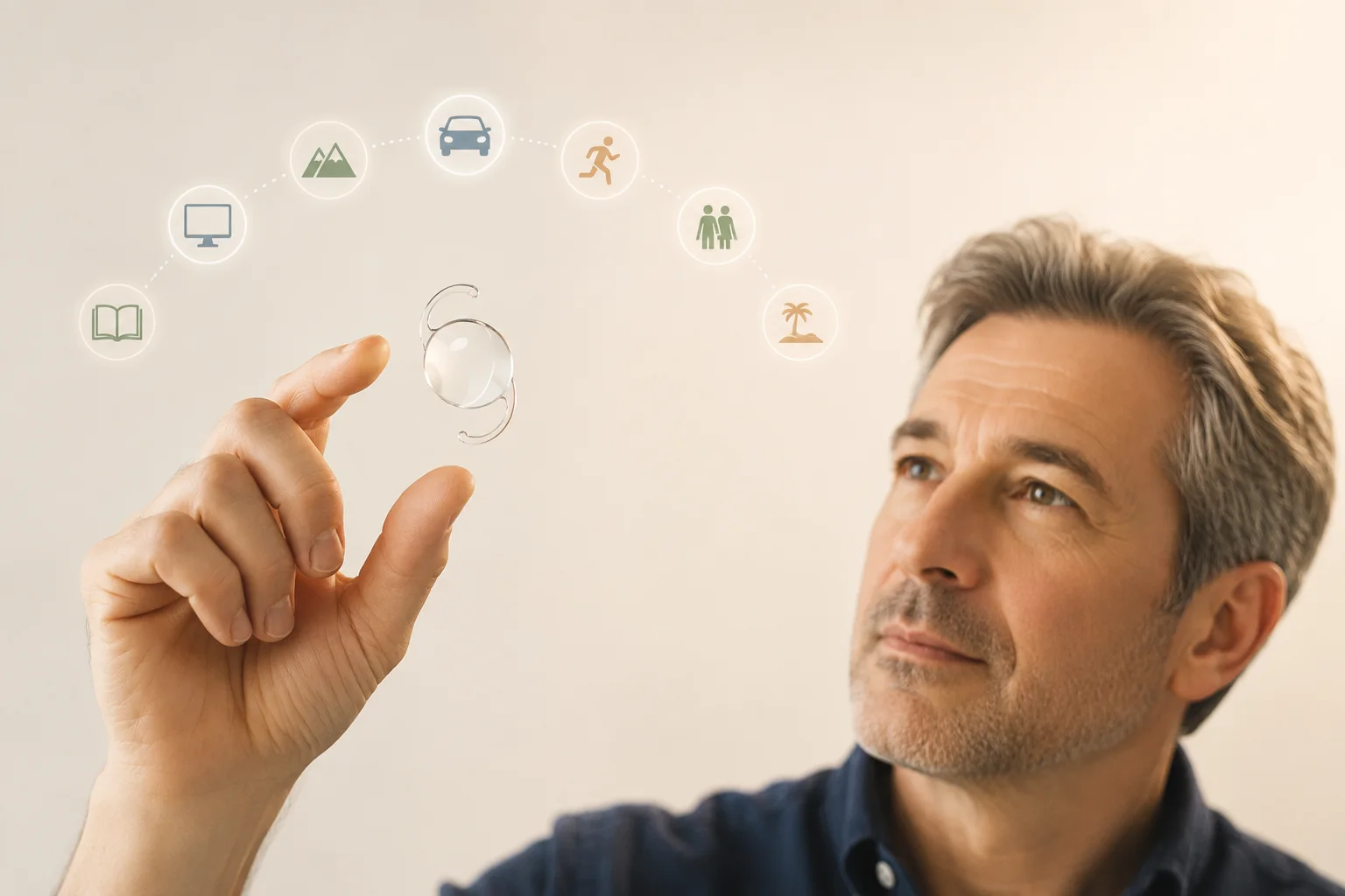 A patient considering how an intraocular lens may support reading, computer work, driving and other everyday activities