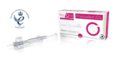Official Rayner photograph of RayOne EMV packaging and its preloaded injector