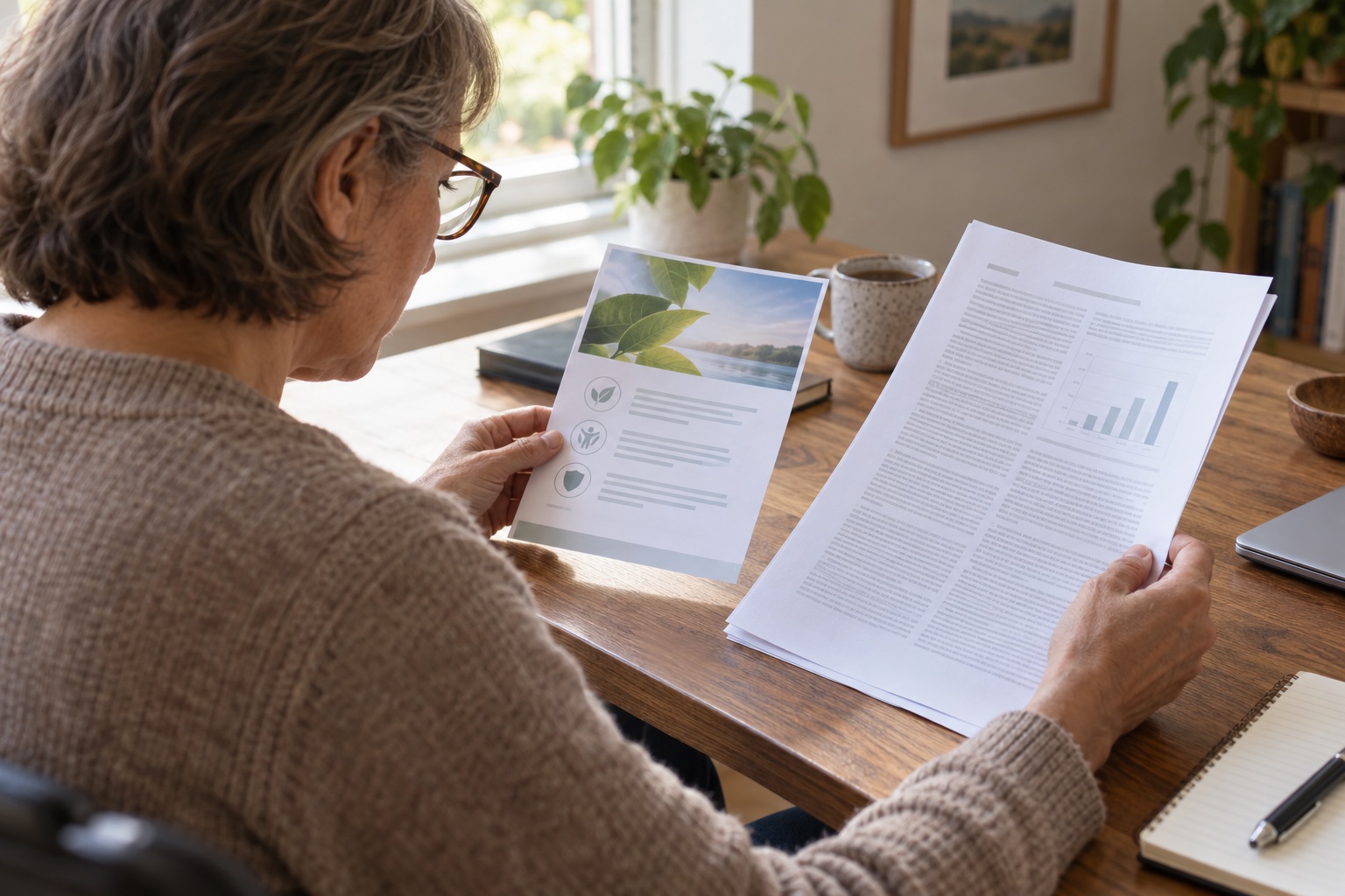 A person comparing a promotional sheet with a longer research paper at a desk